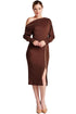 Peach Dionysus Josefa asymmetric long sleeve convertible midi dress with gold zippers, stylish and versatile for various occasions.