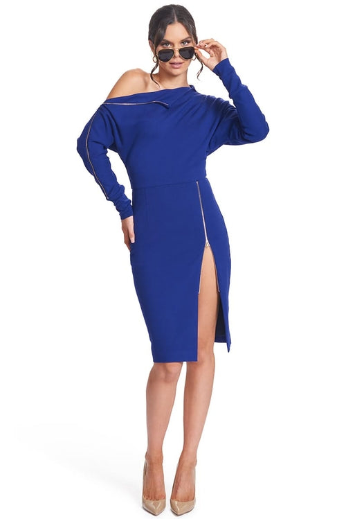 Josefa Convertible Midi Dress by Peach Dionysus in indigo violet with long sleeves and gold zipper accents, versatile women&
