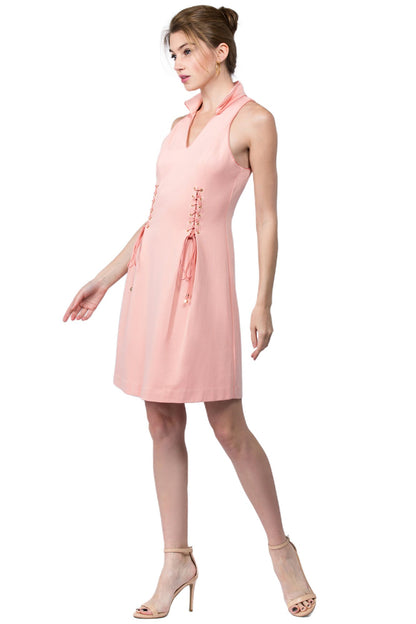 Peach Dionysus Vienna Dress with fit and flare silhouette, wing tip collar, stylish and elegant women&