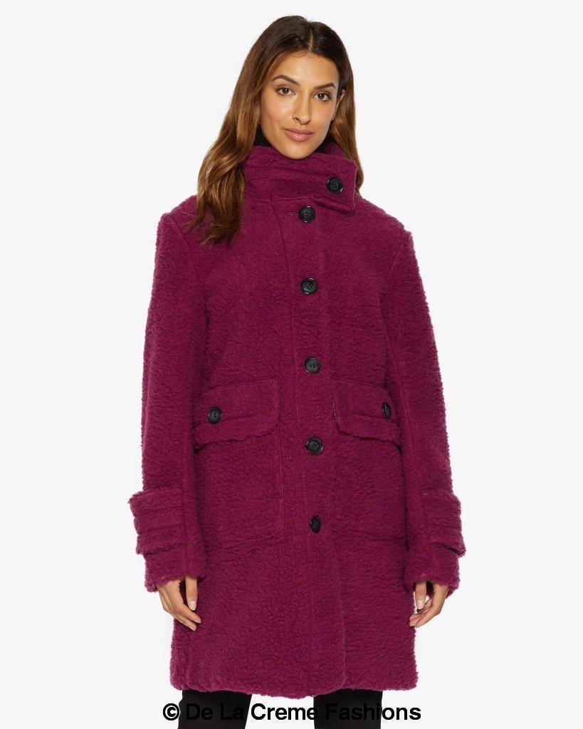 Rose Eleusis Julie high neck Borg teddy coat, cozy warm jacket with plush fleece, black color, shown on model.