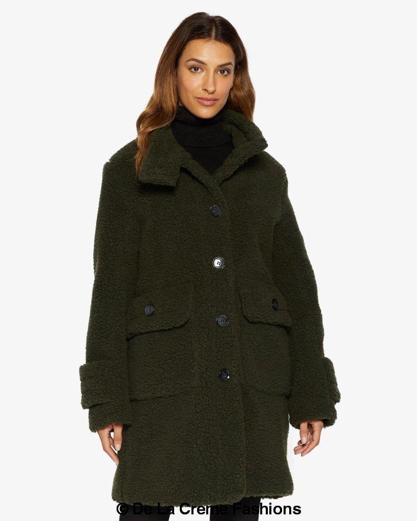 Rose Eleusis Julie high-neck Borg teddy coat showing soft, plush fabric and cozy fit, perfect for cold weather.