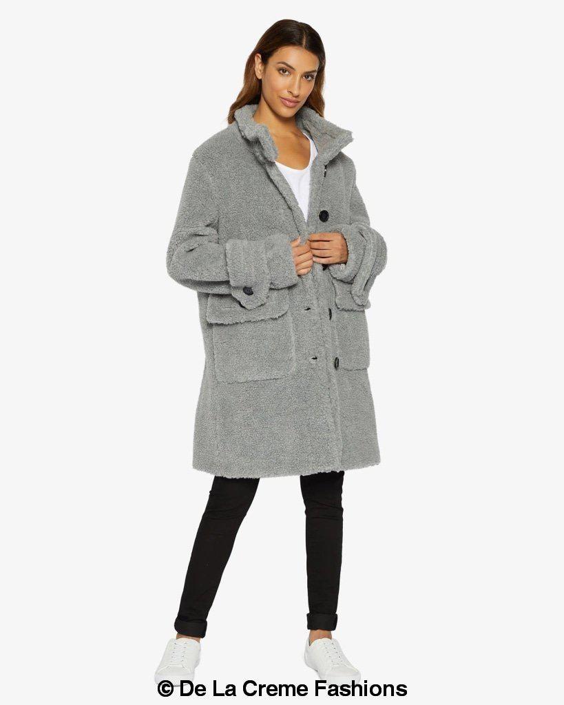 Rose Eleusis Julie High Neck Borg Teddy Coat, cozy fleece-lined jacket with high collar and plush exterior for warmth and style.