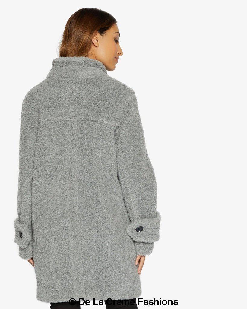 Rose Eleusis Julie High Neck Borg Teddy Coat, cozy warm jacket with high collar and plush faux shearling fabric, stylish winter outerwear.