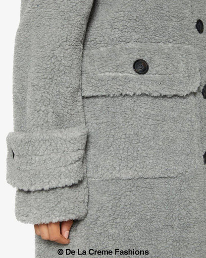 Rose Eleusis Julie high-neck Borg teddy coat displayed, showcasing cozy, plush fabric and stylish design for jackets and coats.