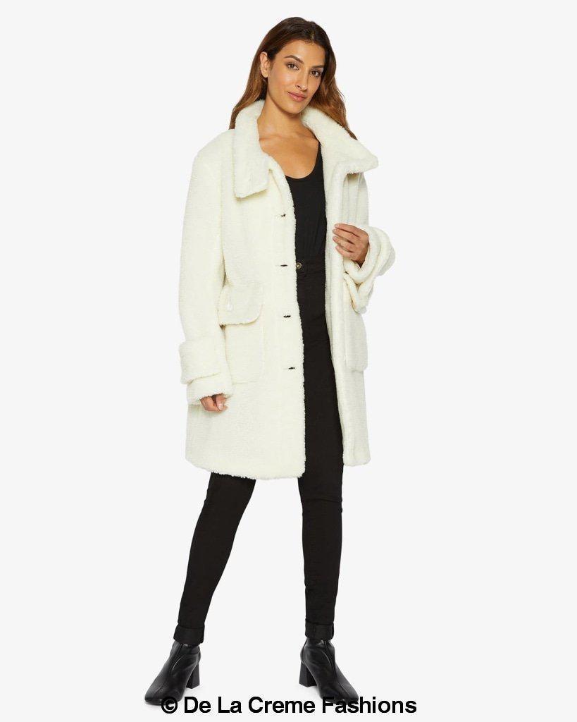 Rose Eleusis Julie High Neck Borg Teddy Coat, cozy beige jacket with high collar and plush fleece lining, stylish winter outerwear.