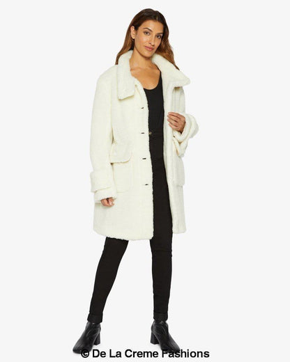 Rose Eleusis Julie High Neck Borg Teddy Coat, cozy beige jacket with high collar and plush fleece lining, stylish winter outerwear.