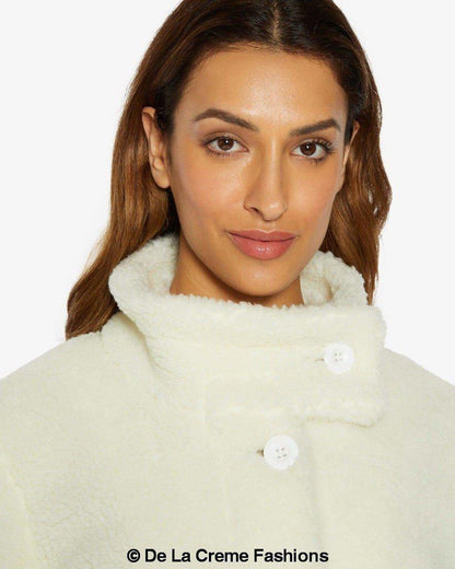 Rose Eleusis Julie High Neck Borg Teddy Coat, cozy beige jacket with high collar and plush faux shearling lining.