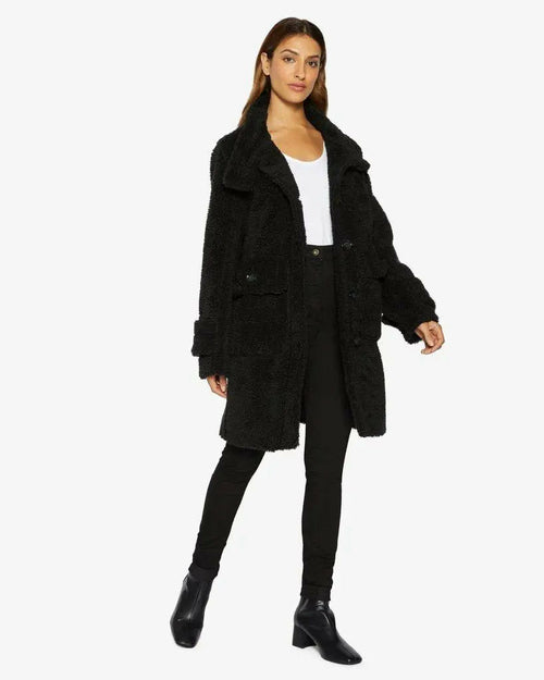 Black Rose Eleusis Julie high neck Borg teddy coat, cozy fleece-lined jacket with a high collar and plush texture.