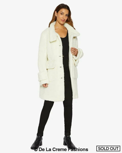 Cream Julie high neck Borg teddy coat by Rose Eleusis, featuring soft fleece material and cozy, stylish design.