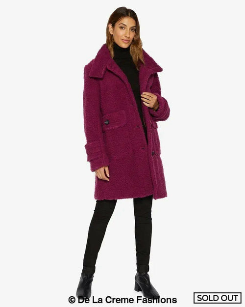 Rose Eleusis Julie high-neck Borg teddy coat in fuchsia, showing a cozy, plush fleece jacket with a high collar and soft texture.