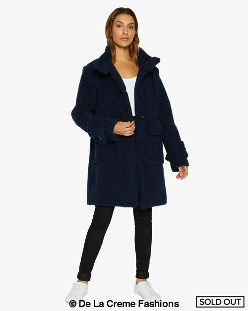 Rose Eleusis Julie High Neck Borg Teddy Coat in navy, featuring a cozy high-neck design and soft textured fabric.