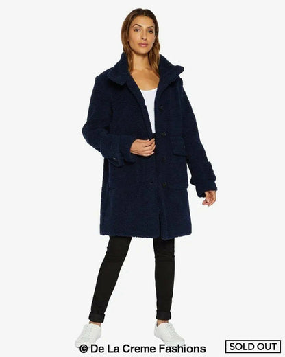 Rose Eleusis Julie High Neck Borg Teddy Coat in navy, featuring a cozy high-neck design and soft textured fabric.