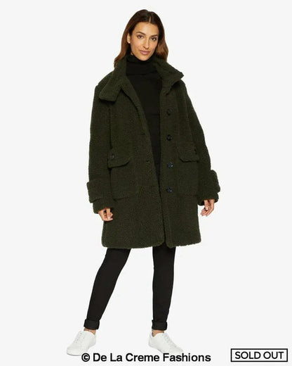 Rose Eleusis Julie high-neck borg teddy coat in olive, stylish jacket with plush fabric and cozy high collar.