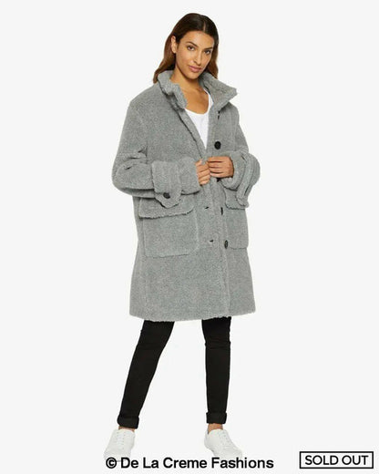 Rose Eleusis Julie high neck borg teddy coat in silver, stylish jacket with a cozy, plush exterior and high neckline.