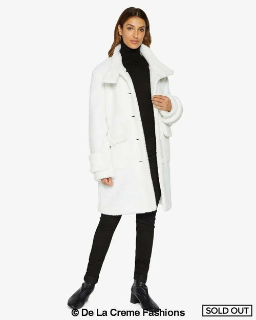 Rose Eleusis Julie high neck borg teddy coat in white, cozy fleece-lined jacket with a stylish high neckline.