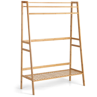 NNECW Freestanding Bamboo Clothing Rack with Top Shelf &amp; Shoe Rack