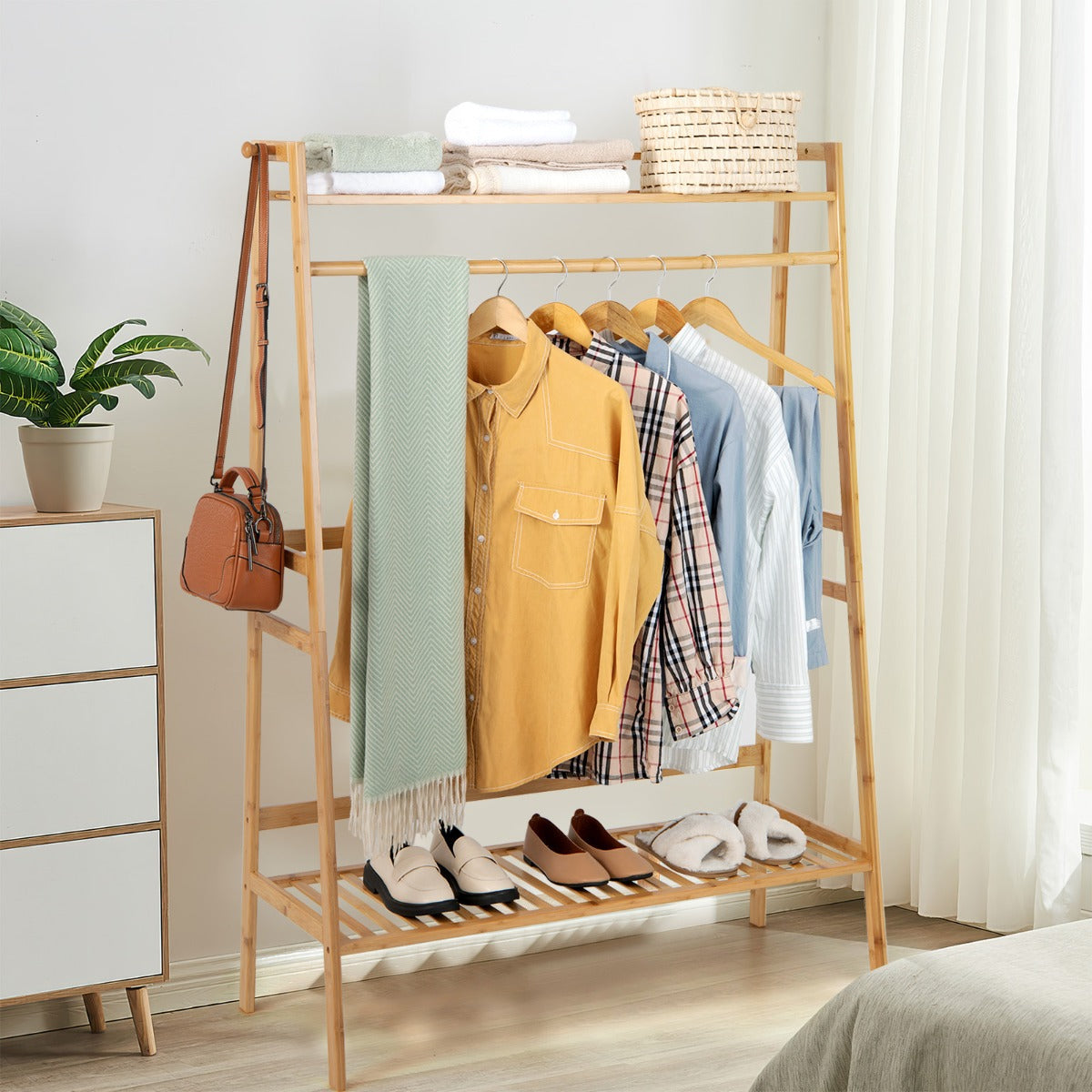 NNECW Freestanding Bamboo Clothing Rack with Top Shelf &amp; Shoe Rack