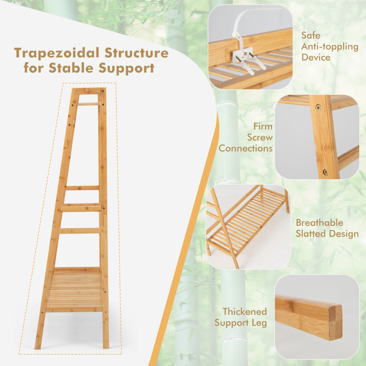 NNECW Freestanding Bamboo Clothing Rack with Top Shelf &amp; Shoe Rack