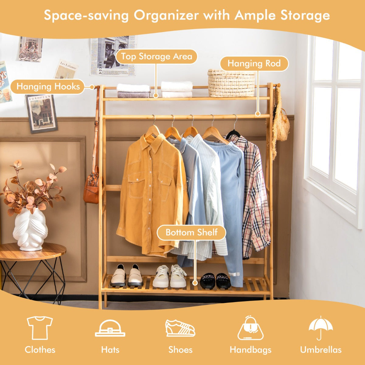 NNECW Freestanding Bamboo Clothing Rack with Top Shelf &amp; Shoe Rack