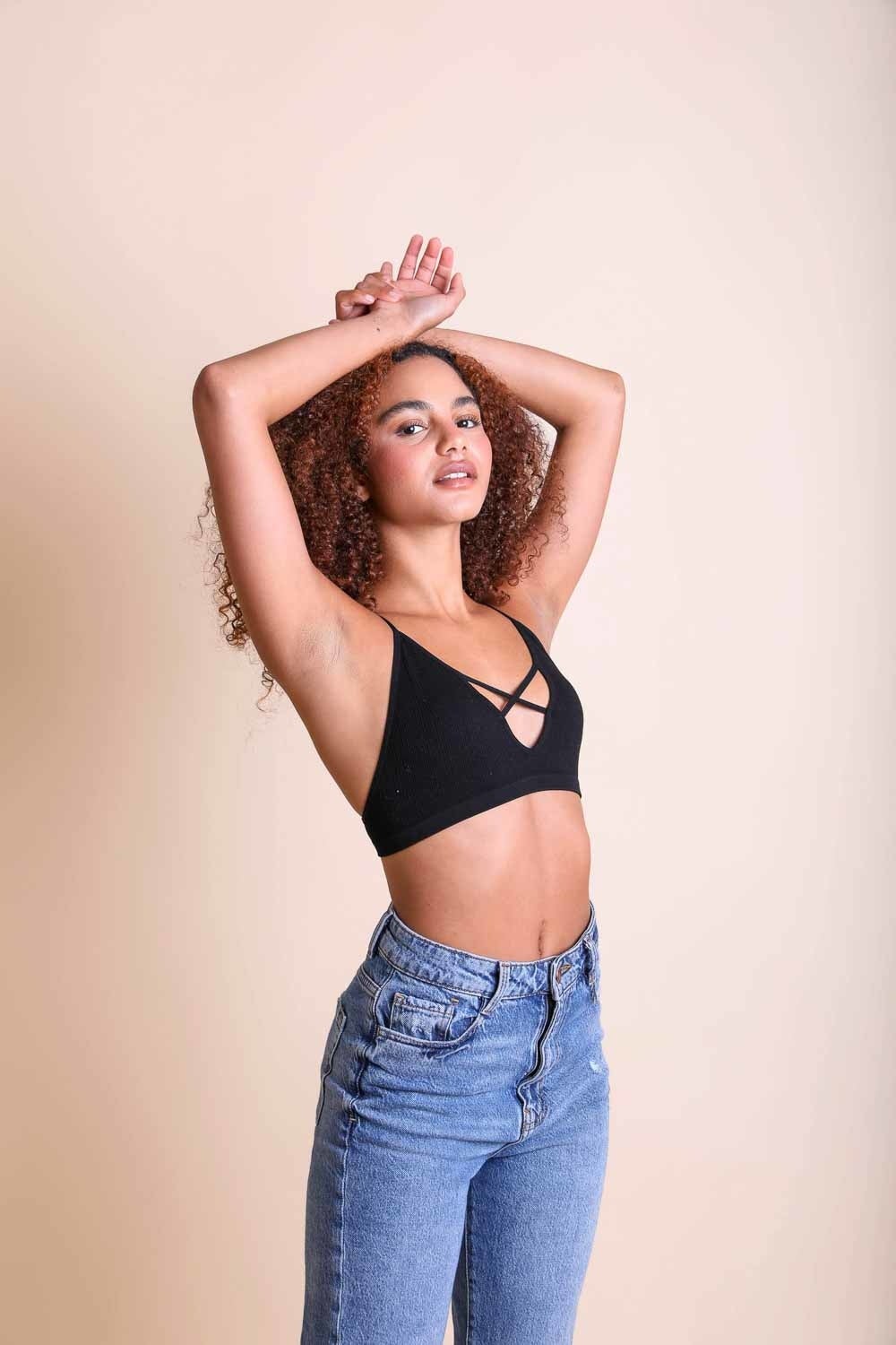 Periwinkle Aether Kali Cross Plunge Bralette from the Leto Collection, featuring stylish cross strap design and soft fabric.
