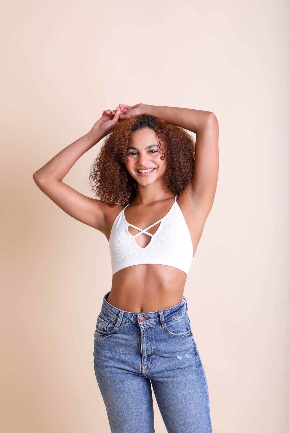 White Kali Cross Plunge Bralette from Periwinkle Aether&