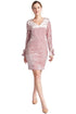 Peach Dionysus Kara Dress featuring long sleeves, crushed velvet fabric, V-neckline, and bell sleeves for a stylish look.