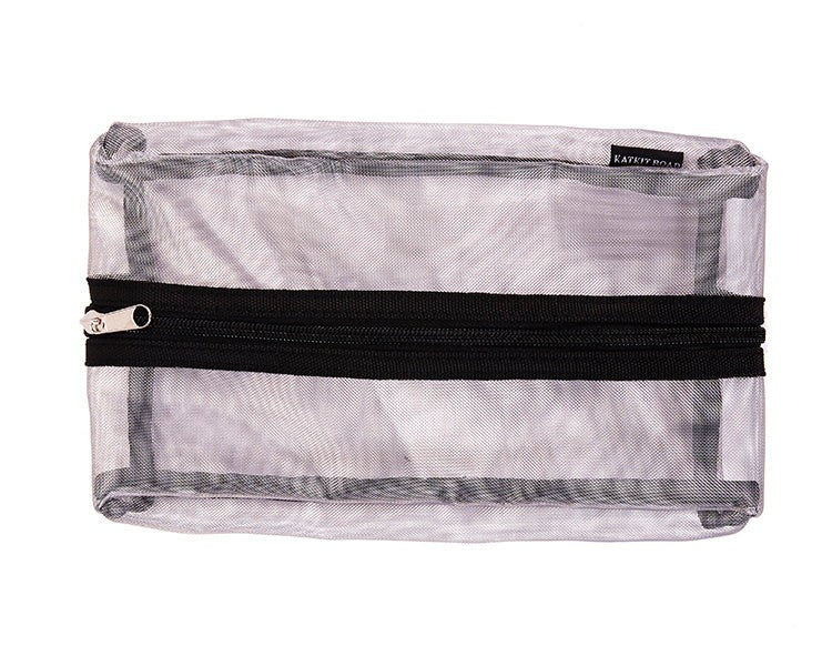 Silver mesh makeup case by Erin Crius with zipper closure and compact design, perfect for storing cosmetics.