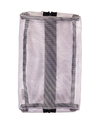 Silver mesh makeup case by Erin Crius with a sleek, breathable design, perfect for organizing cosmetics and beauty essentials.