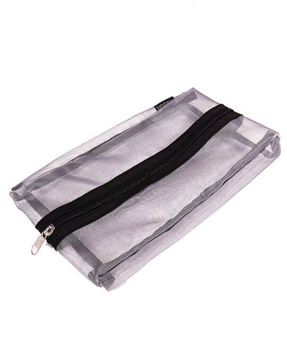 Silver mesh makeup case by Erin Crius with a sleek, breathable design and zipper closure, perfect for organizing cosmetics.