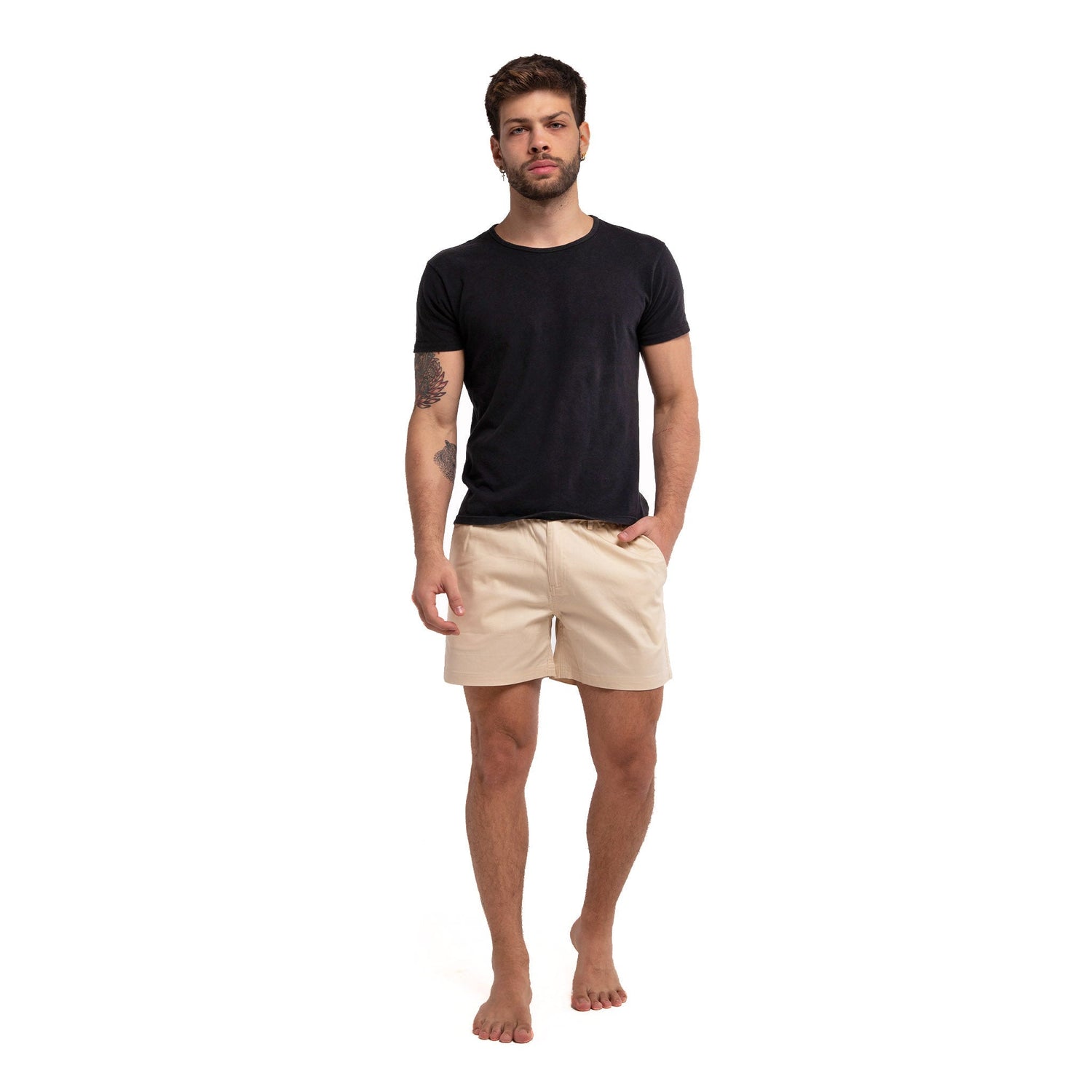 Ruby Tartarus cotton khaki swim shorts, casual summer swimwear with elastic waistband and relaxed fit.