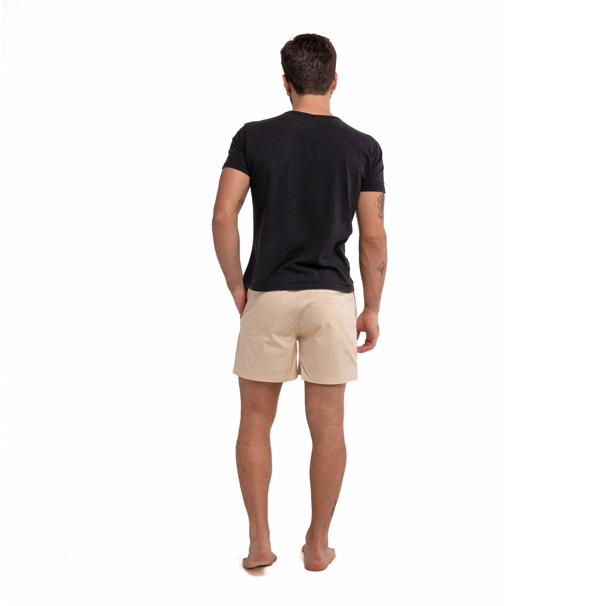 Khaki cotton swim shorts by Ruby Tartarus featuring a relaxed fit and casual style for comfortable beachwear.