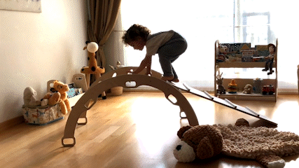 Red Oceanus Montessori climbing set with Pikler triangle, climbing arch, and ramp for children&