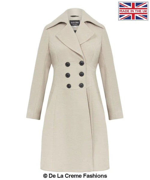 Rose Eleusis Kirsty slim fit A-line coat in bisque, shown on a model, stylish jacket with a tailored silhouette.
