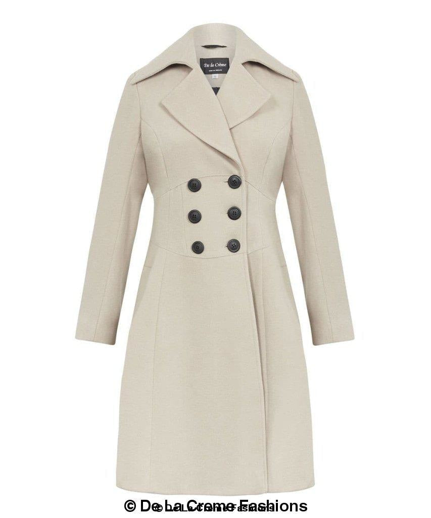 Rose Eleusis Kirsty slim fit A-line coat in bisque, shown on a model, highlighting tailored design and stylish silhouette.