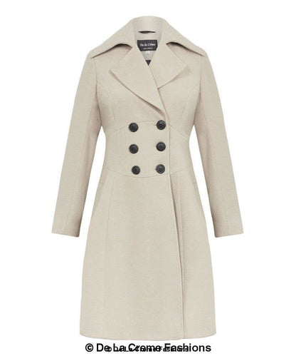 Rose Eleusis Kirsty slim fit A-line coat in bisque, shown on a model, highlighting tailored design and stylish silhouette.