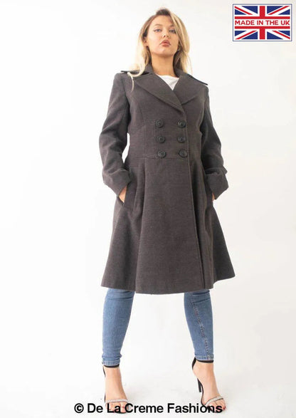 Grey Kirsty Slim Fit A-Line Coat by Rose Eleusis, shown on a model, featuring a tailored silhouette and classic design.