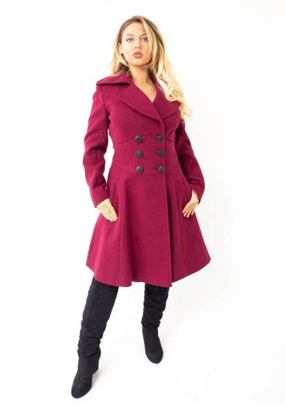 Rose Eleusis Kirsty slim fit A-line coat in wine color, stylish jacket with tailored fit, displayed on a hanger.