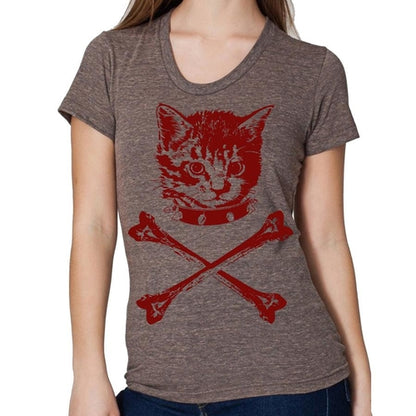 Brown "Danger Kitty" T-shirt by Indigo Tiger featuring a playful cat graphic on a casual cotton tee.