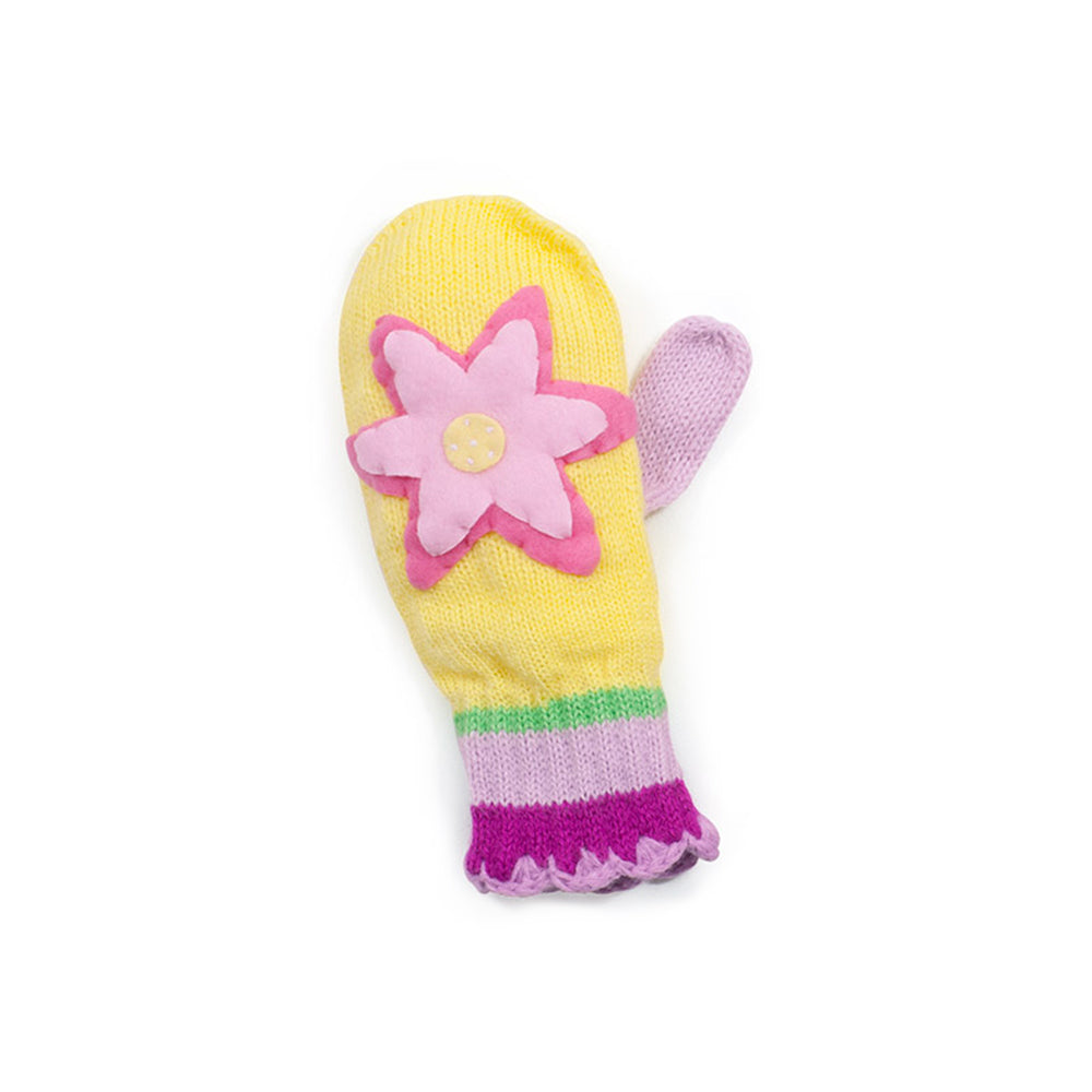 Pink knit Lotus Flower mittens for kids and babies by Magenta Ash, showing the detailed lotus flower design on the left mitten.