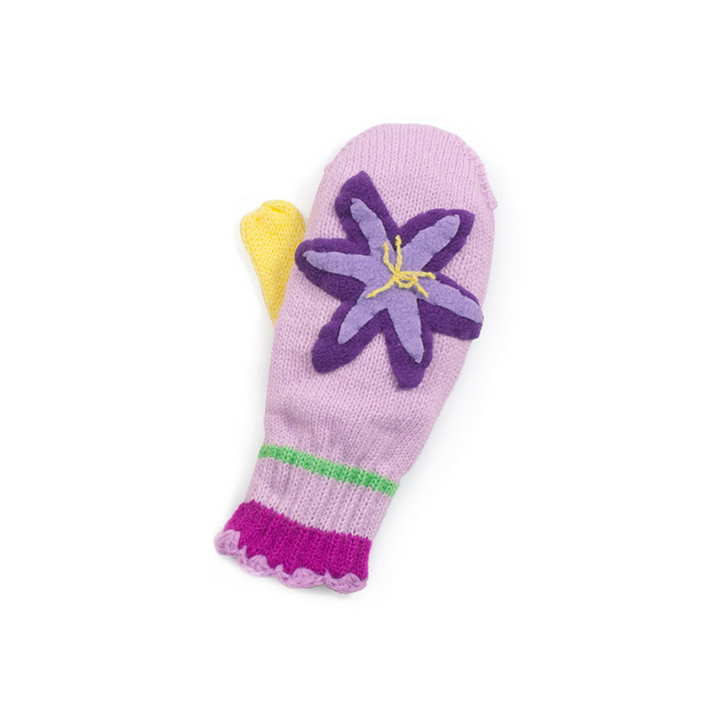 Pink knit Lotus Flower mittens for kids and babies by Magenta Ash, showing the right mitten with a detailed lotus flower design.