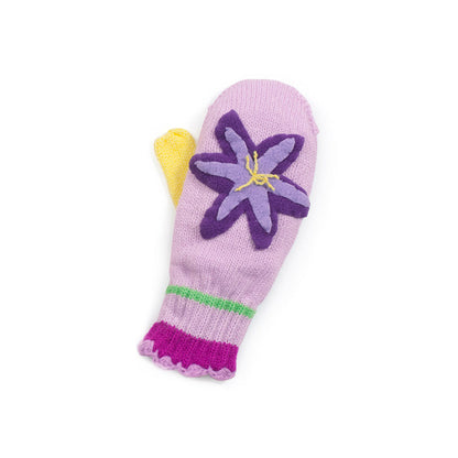 Pink knit Lotus Flower mittens for kids and babies by Magenta Ash, showing the right mitten with a detailed lotus flower design.