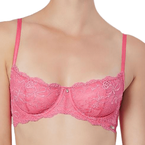 Lace Demi Cup Bra by Montelle Intimates in coral with intricate lace details, designed for comfort and support, size 30D.