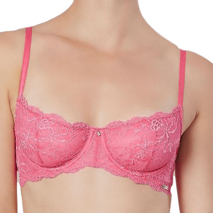 Lace Demi Cup Bra by Montelle Intimates in coral with intricate lace details, designed for comfort and support, size 30D.