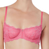 Lace Demi Cup Bra by Montelle Intimates in coral with intricate lace details, designed for comfort and support, size 30D.