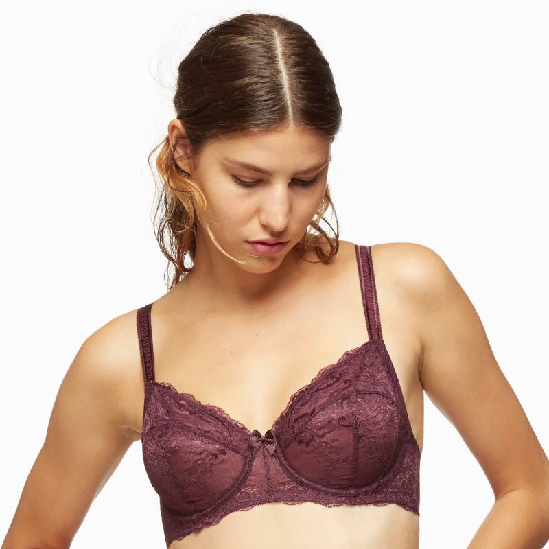 Full figure lace unlined bra in Elderberry purple by Lime Lucy featuring delicate lace design and supportive fit.