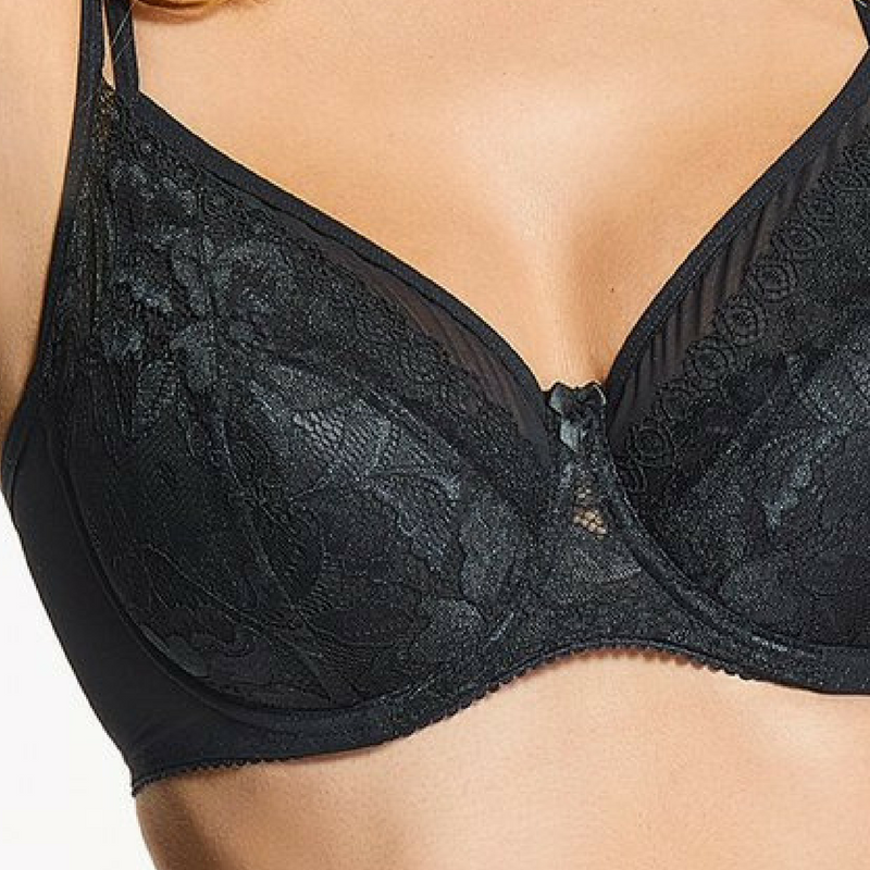 Black Lace Overlay Plunge Bra by Lime Lucy featuring padded cups and intricate lace details, perfect for elegant lingerie.