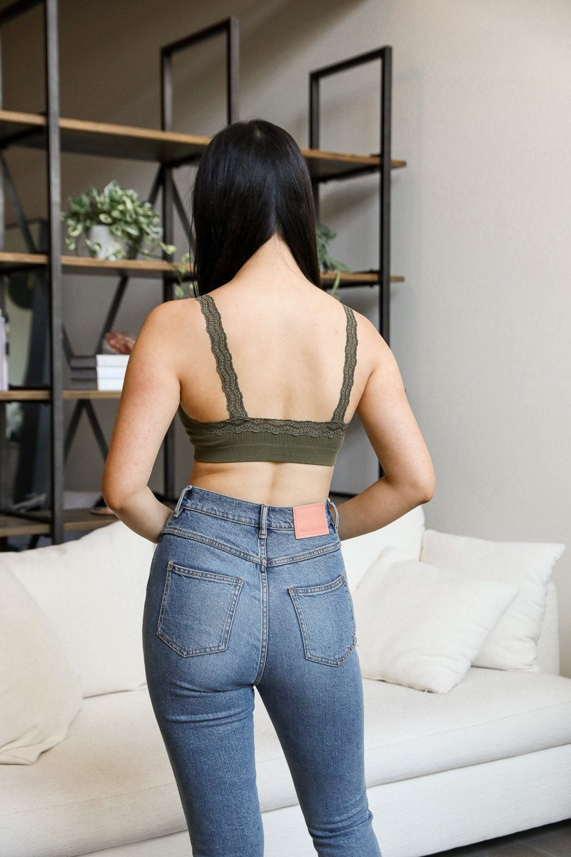Lace trim padded bralette from Periwinkle Aether, featuring soft fabric, delicate lace detailing, and comfortable underwire support.