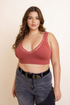 Rust-colored lace-trim padded bralette from Periwinkle Aether featuring soft padding and delicate lace details.