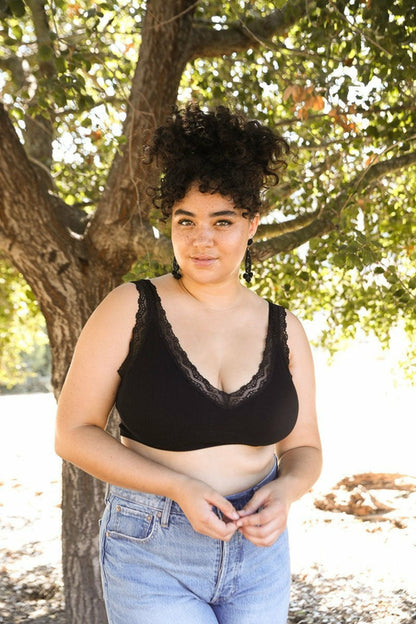 Black lace trim padded bralette from Periwinkle Aether, featuring delicate lace details and comfortable padding.