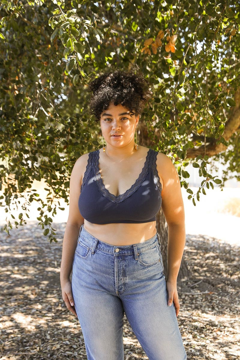Blue-gray lace-trim padded bralette from Periwinkle Aether with soft cups and delicate lace details, perfect for comfortable lingerie.